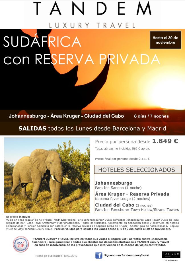 TANDEM-SUDAFRICA reserva privada HASTA EL 30NOV 2013